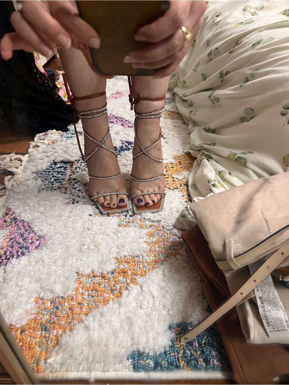 SHEIN Brown Rhinestone Lace-Up Strappy Heels